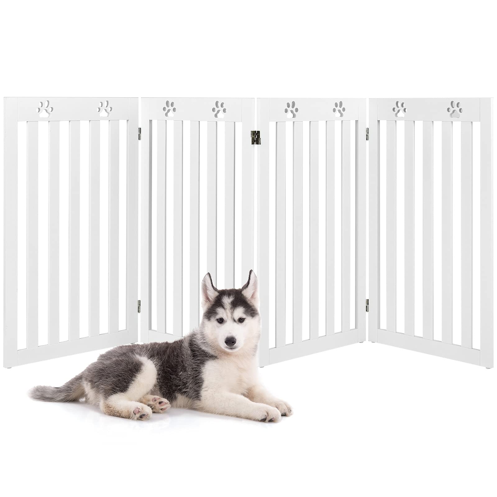 COSTWAY Cerca de Madera para Mascotas, Cerca Plegable para Perros con Bisagras Flexibles a 360° y 4 Paneles, Valla Interna 89,5 cm para Mascotas para Casa Escalera (Blanco, 4 Paneles)