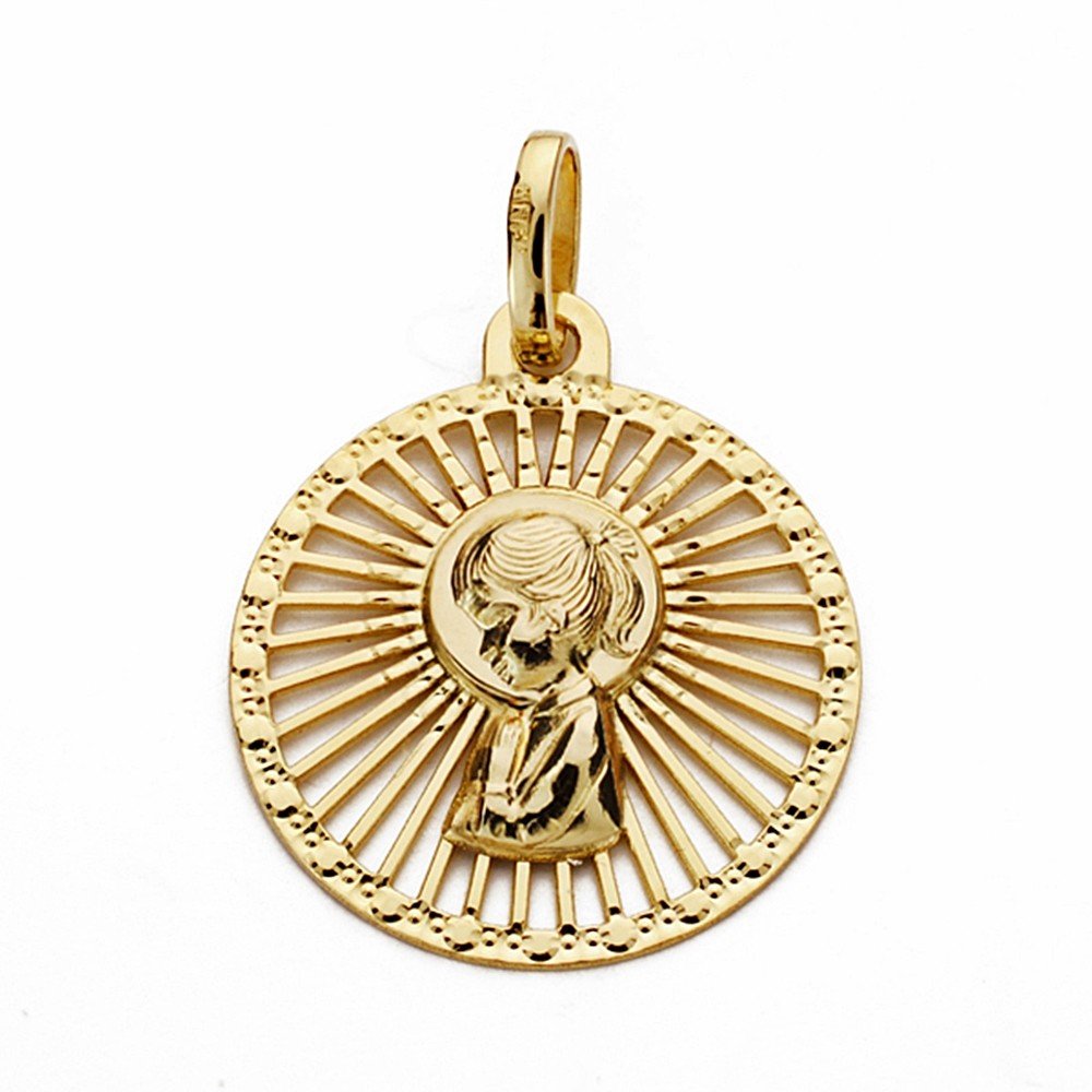 Medalla oro 18k colgante 21mm. Virgen Niña cerco fondo calado rayas redondo