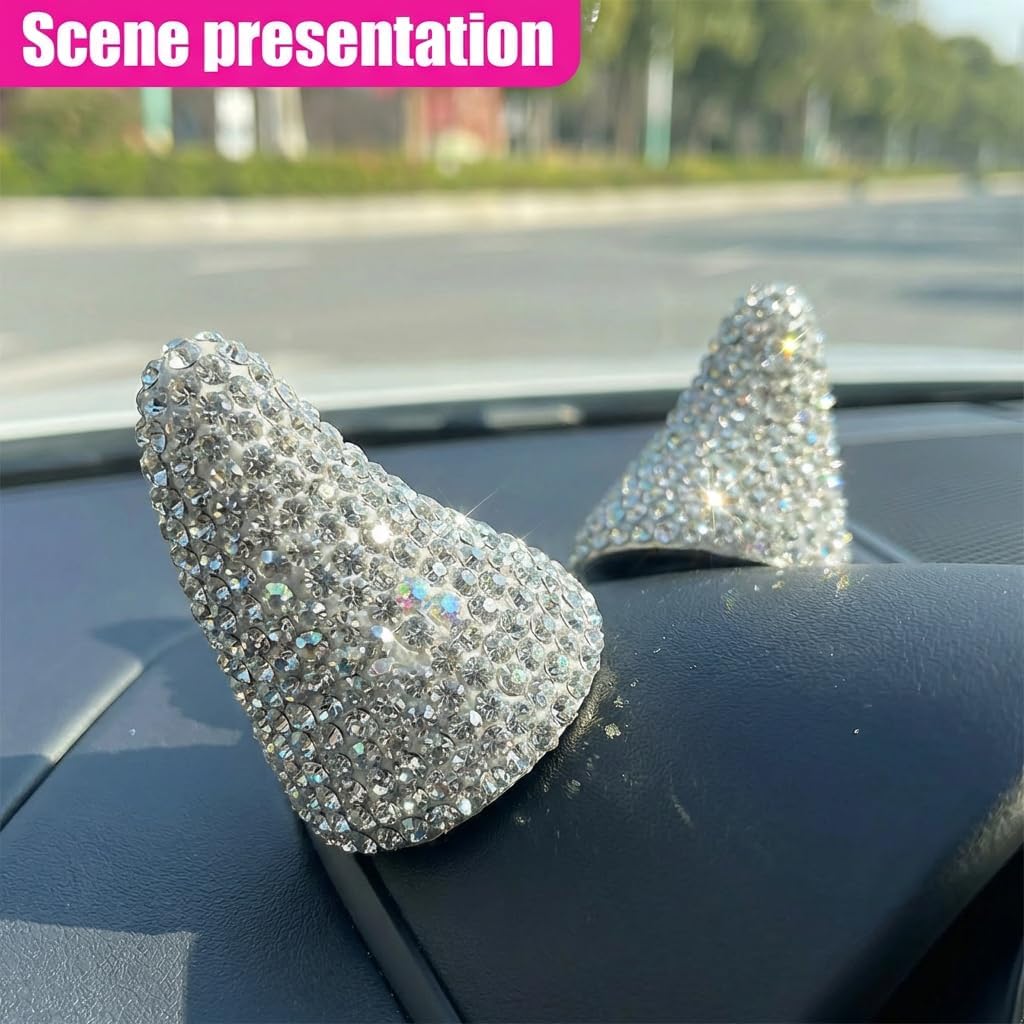 2PCS Bling Devil Horns Car Dashboard Decoration, Funny Rhinestone Bull Horns Car Ornament, Sparkling Auto Interior Sticker Accessories for Cars, Trucks, SUVs (White) image 3
