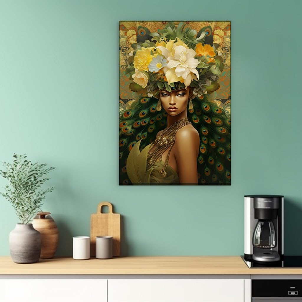 Canvas for Living room. Emerald Tresses and Regal Adornments: A Glimpse into the Artistry of Digital Fashion Number 2, 27 x 18 inch Canvas Wall Art - Expansive Panoramas - Modern Home Decor