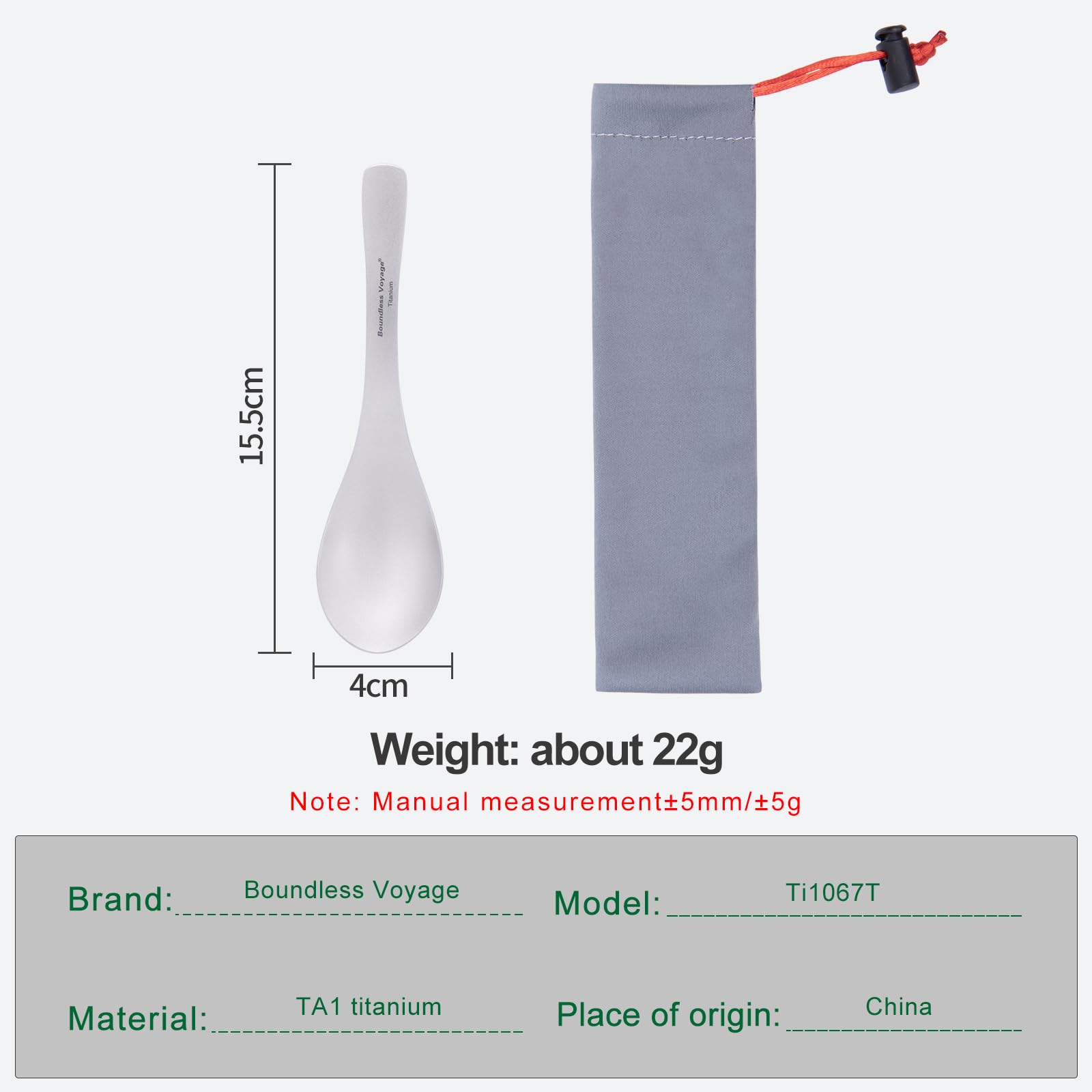 iBasingo Titanium Spoon with Big Bowl Ultralight Outdoor Camping Flatware Durable Reusable Metal Tableware Picnic Travel Backpacking Utensils 15.5cm Ti1067T 1pc