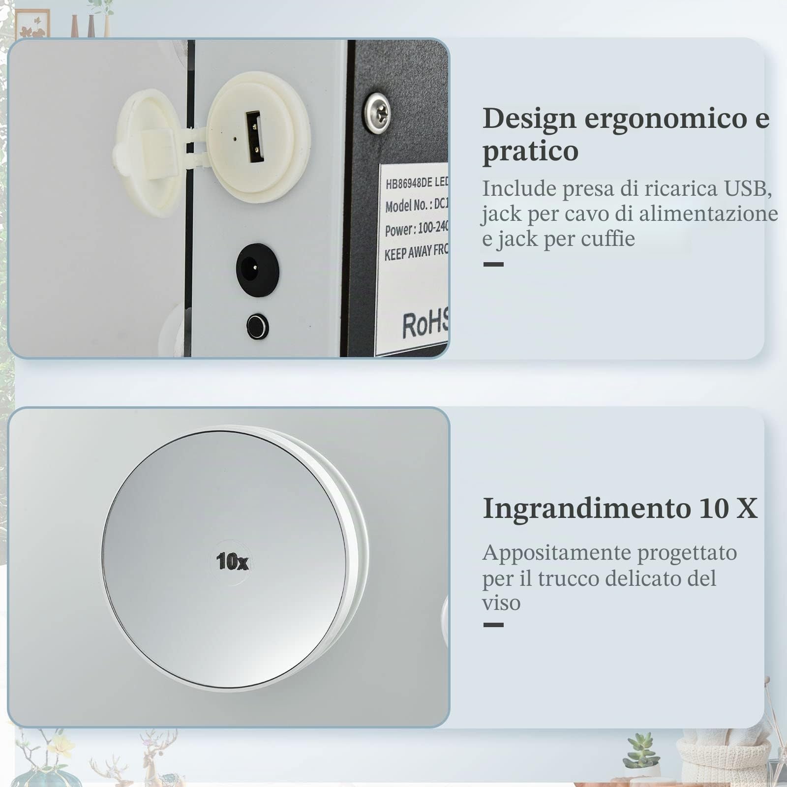 LIFEZEAL Specchio Trucco con Luci, Specchiera Hollywood con 15 Lampadine Led, Specchio da Tavolo e da Toeletta Ingranditore 10X e Smart Touch, 3 Modalità di Luminosità e Musica Bluetooth, 58 x 48 cm