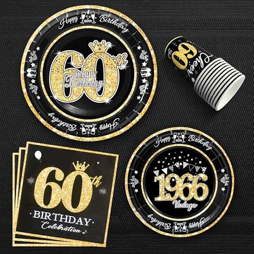 Image of 60th Birthday Decorations Black and Gold, Service for 30, Vintage 60th Birthday Party Supplies Includes Black Vintage 1966 Plates, Napkins, Cups, Plates and Napkins for Men Women