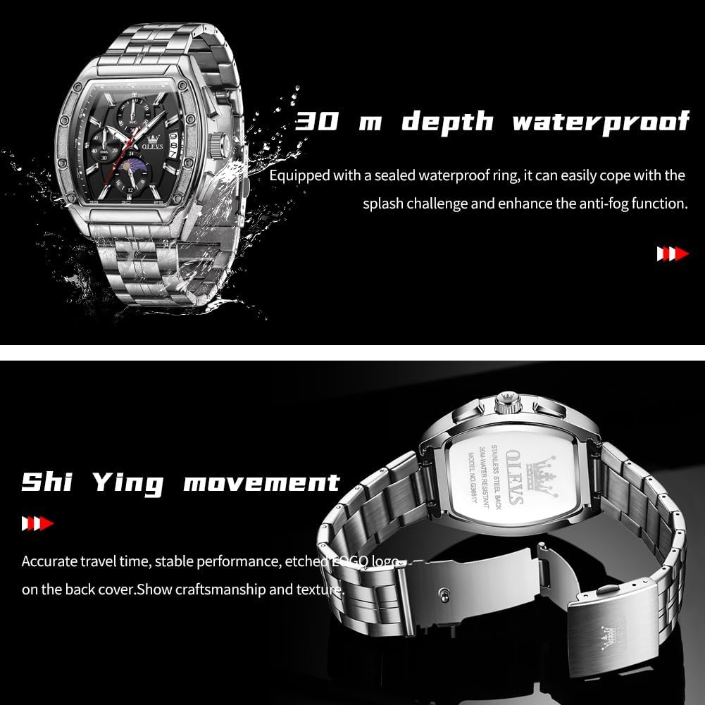 OLEVS Watches Men Chronograph Waterproof Rectangle Face Moon Phase Stainless Steel Strap Dress Watches for Men Luminous Quartz Calendar Mens Wrist Watch - Image 5