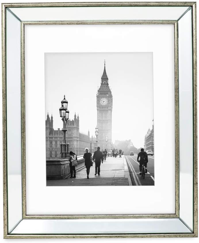 Isaac Jacobs 11x14 (Matted 8x10) Silver Beveled Mirror Picture Frame - Classic Mirrored Frame w/Deep Slanted Angle Made for Wall Décor Display, Photo Gallery & Wall Art (11x14 (Matted 8x10), Silver)