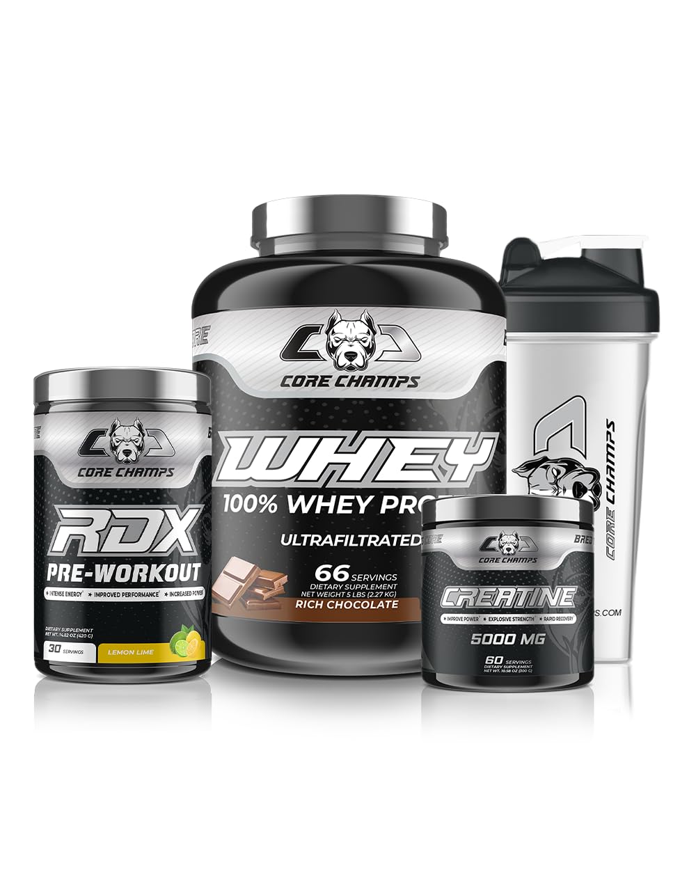 Core Champs Performance Stack:100% Whey Protein (Chocolate)+Pure Creatine Monohydrate+RDX Pre-Workout for Muscle Growth, Energy & Strength (Lemon Lime)+Shaker
