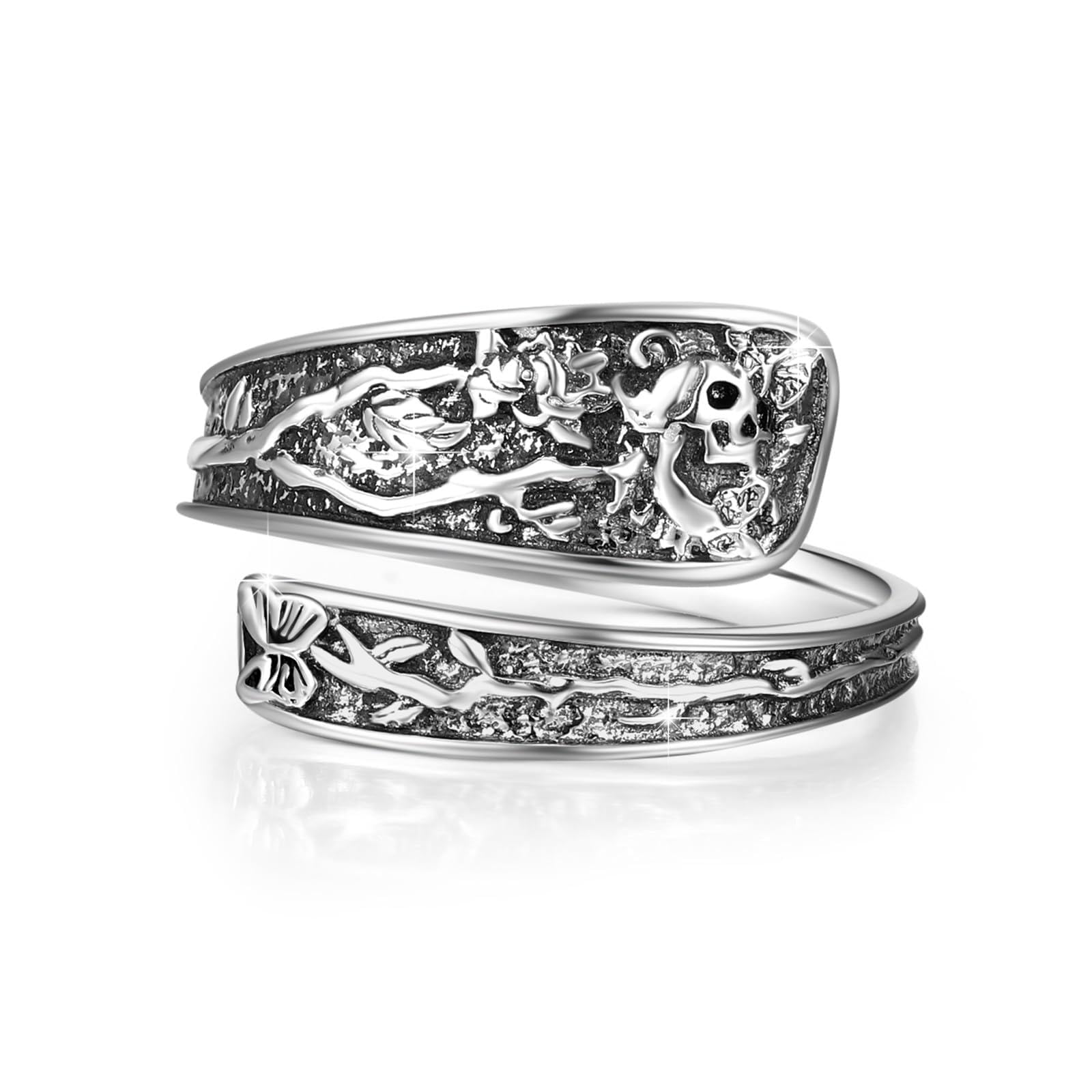 Anillo de calavera abierto de plata de ley 925, anillo de calavera ajustable, anillos góticos Y2K, joyas góticas, regalos de cumpleaños para hombres y mujeres, Plata de ley, Sin piedras