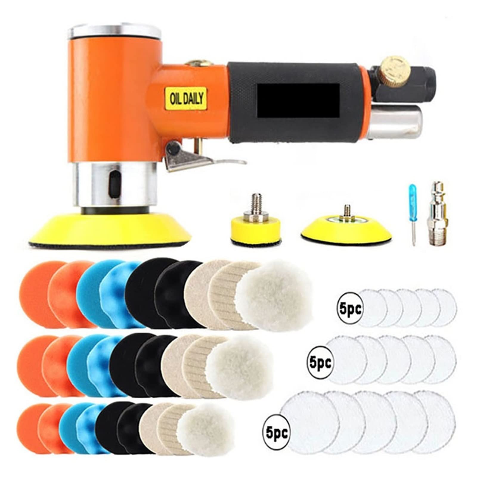 LNHHG Mini Air Sander Right Angle Pneumatic Orbital Polisher Machine & Polishing Sponge Pads For Auto Body Waxing Buffing Kits(48pcs Orange Set)