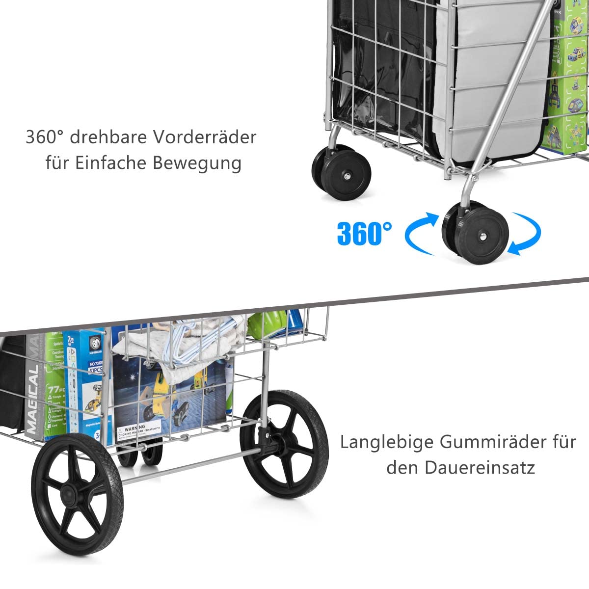 COSTWAY Opvouwbare boodschappentrolley, tot 40 kg belastbaar, 100 l 22 l, winkelwagen met universele wielen, 2 manden, draagbare handwagen, multifunctioneel, voor wasgoed, winkelen, bagage, zilver