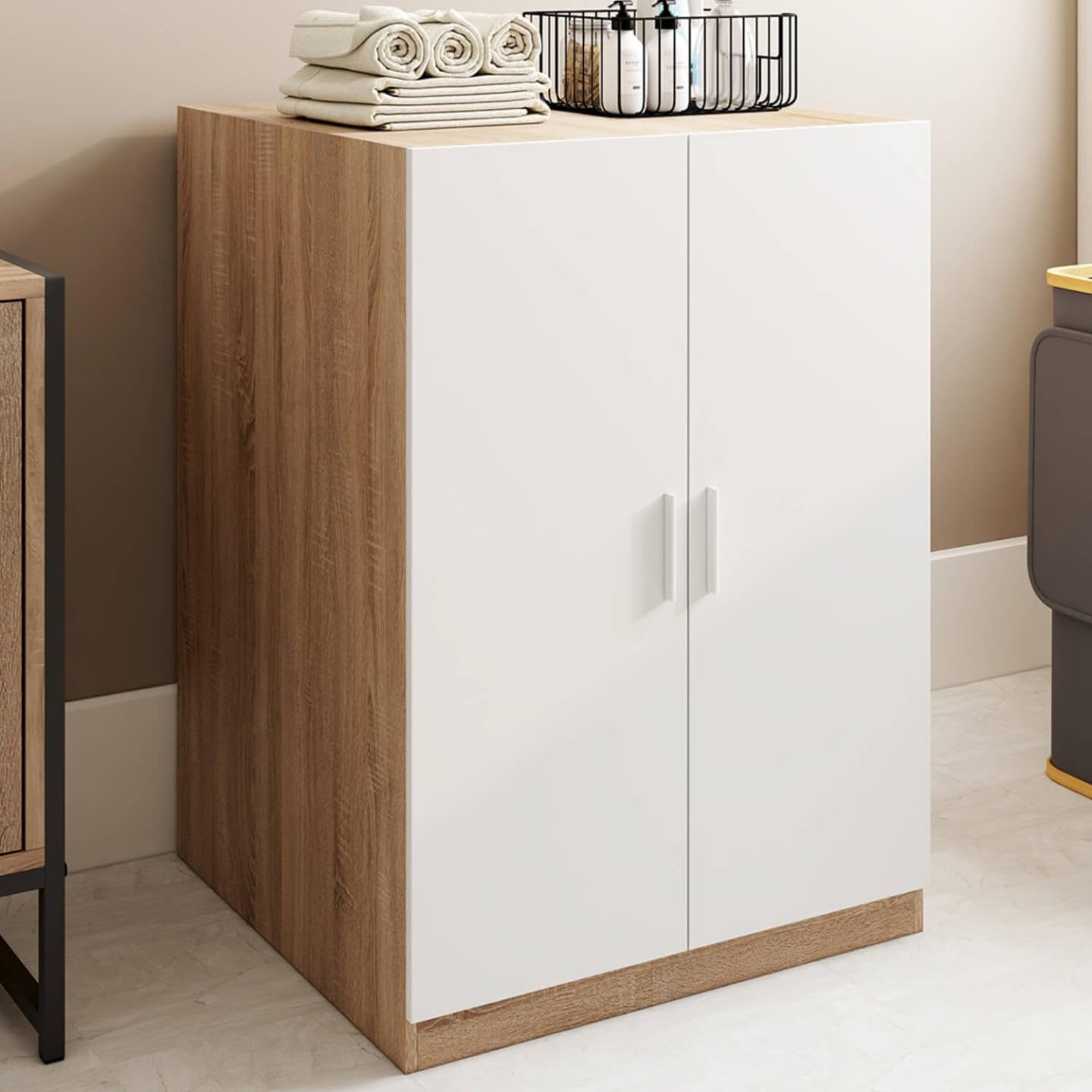 IDMarket – Mueble para lavadora con puertas Wallis blanco y madera efecto haya