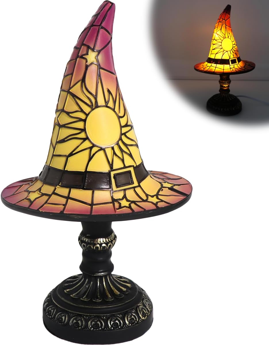 Witch Hat Lamps, Handcrafted Stained Glass Gothic Wizard Hat Lights, Small Wizard Hats Shape Spooky Fun Light for Indoor Party Haunted Wiccan Halloween Decor, Halloween Day Gifts (Purple)
