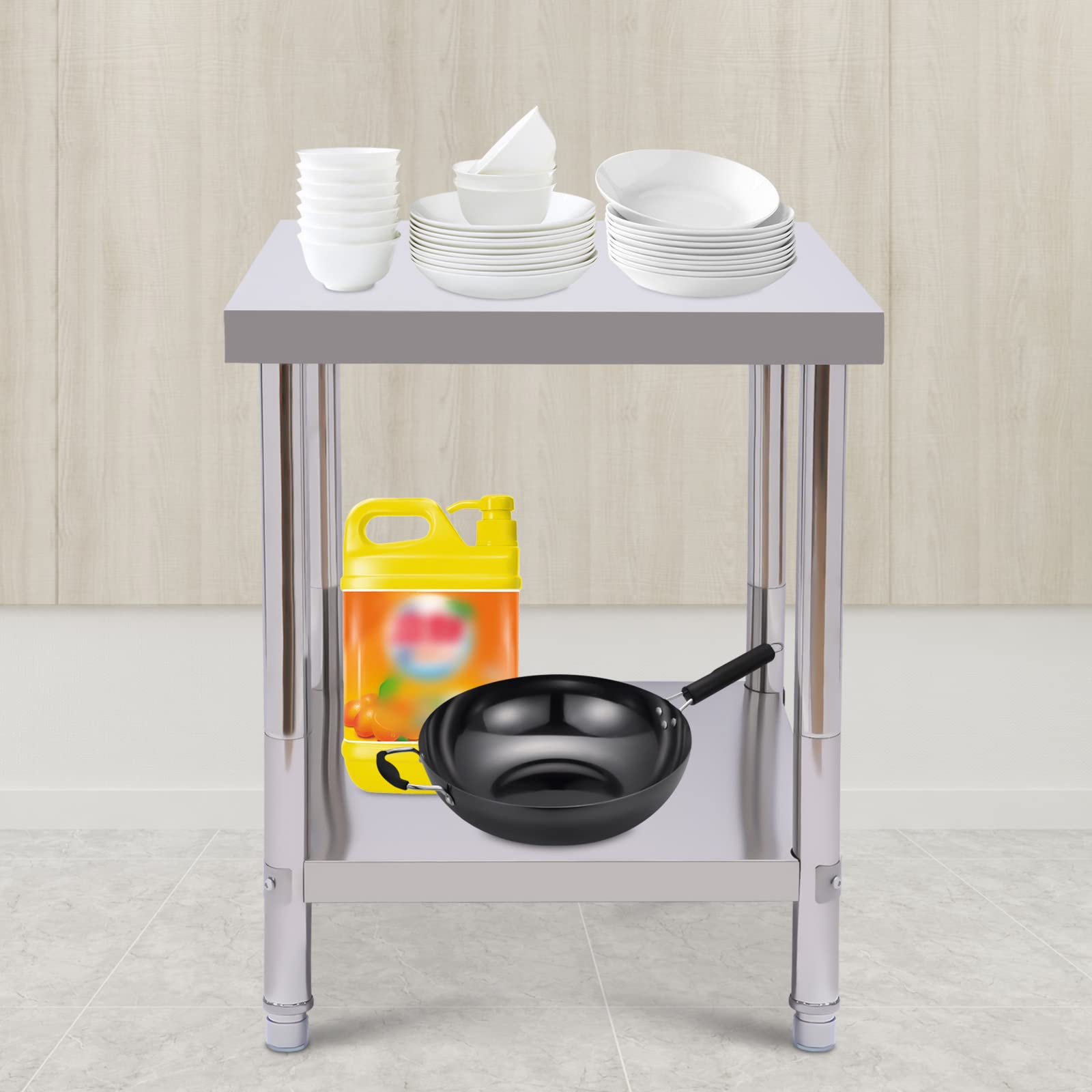 Edelstahl Arbeitstisch 60 x 45 cm 2 Böden Edelstahlregal Küchentisch Gastro Tisch Gastro Schwerlastregal Küchenregal Edelstahl mit Tischfußpolster Lebensmittelzubereitung Tisch Bis 400kg