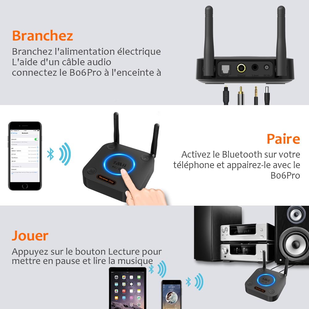 1Mii B06Pro Recepteur Bluetooth 5.3, Longue Portée Adaptateur Audio sans Fil Hi-FI, avec 3D Surround aptX HD&LL, RCA Optique AUX 3,5 mm Coaxial pour Système Stéréo Domestique