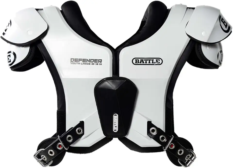 Battle Sports Defender Football Shoulder Pads – The Lightest, Most Protective in Its Class – Aerospace Grade Materials, Ventilated Design, Removable Sternum Plate, Foam Neck Roll