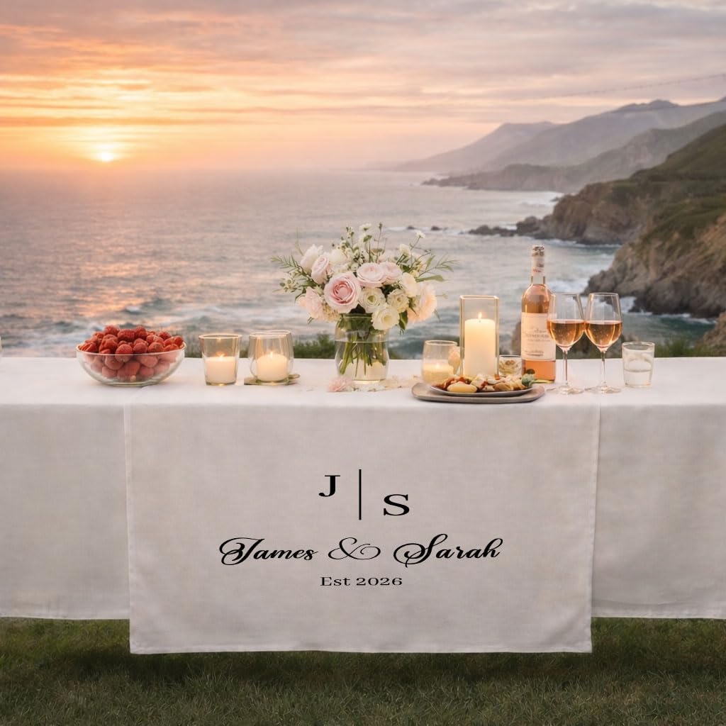 Personalized Table Runner, Custom Name and Initial Monogram, Elegant Script Font, Wedding or Event Decor, Linen Fabric, Neutral Color