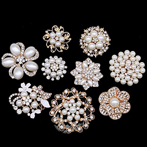 Eglomart Lot 9Pcs Rose Gold-Tone Rhinestone Brooches, Big Pearl Crystal Wedding Bouquet Kit Set #TOP2