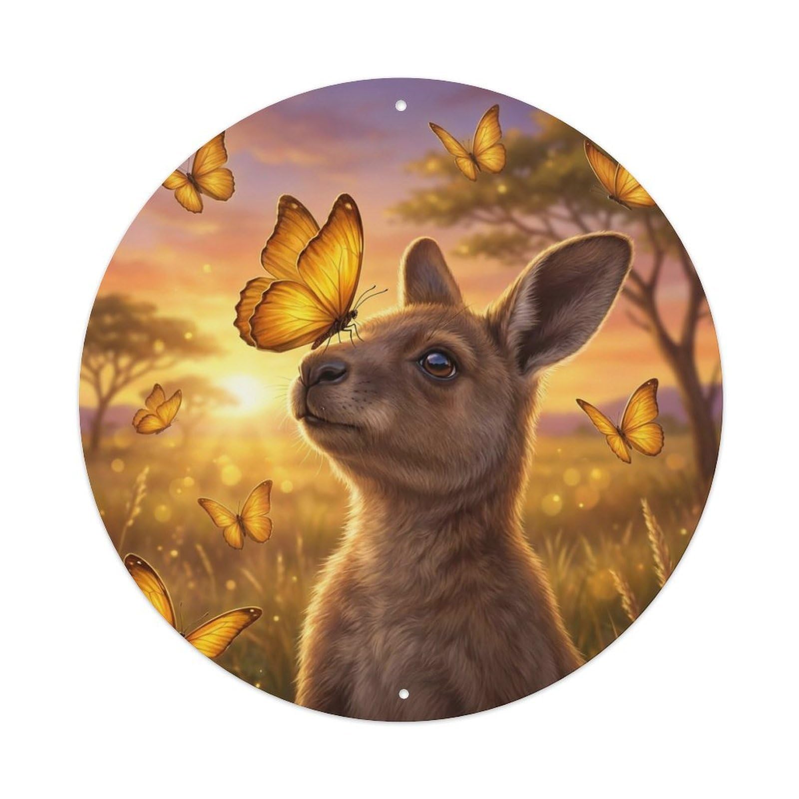 Golden Kangaroo Cute Animal Butterfly Sunset Kawaii Meadow Metal Tin Sign Plaque Wall Decor for Cafe, Man Cave, Club Bar, Office, Home Garden Round Metal Poster 8x8Inch