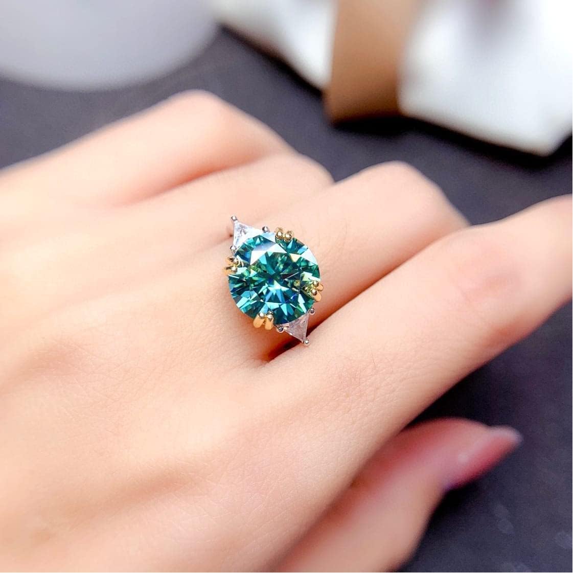 Myer 5 CT Top Grade Bluish Green Moissanite Ring, Sterling Silver Rings for Women, Handmade Wedding Engagement Gift For Her