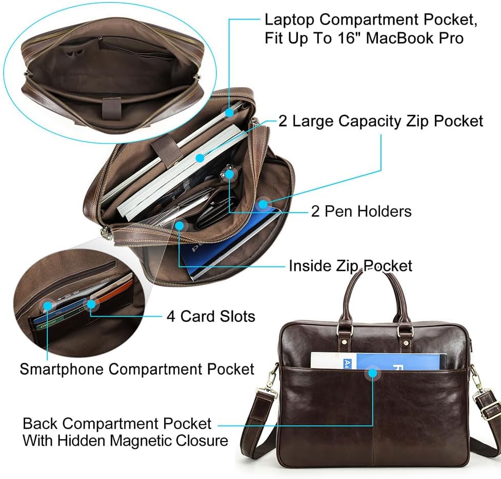 CONTACTS Luxury Leather Briefcase 16 Inch Laptop Messenger Bag for Men Large Capacity Computer Satchel Shoulder Handbag for Business Work Travel