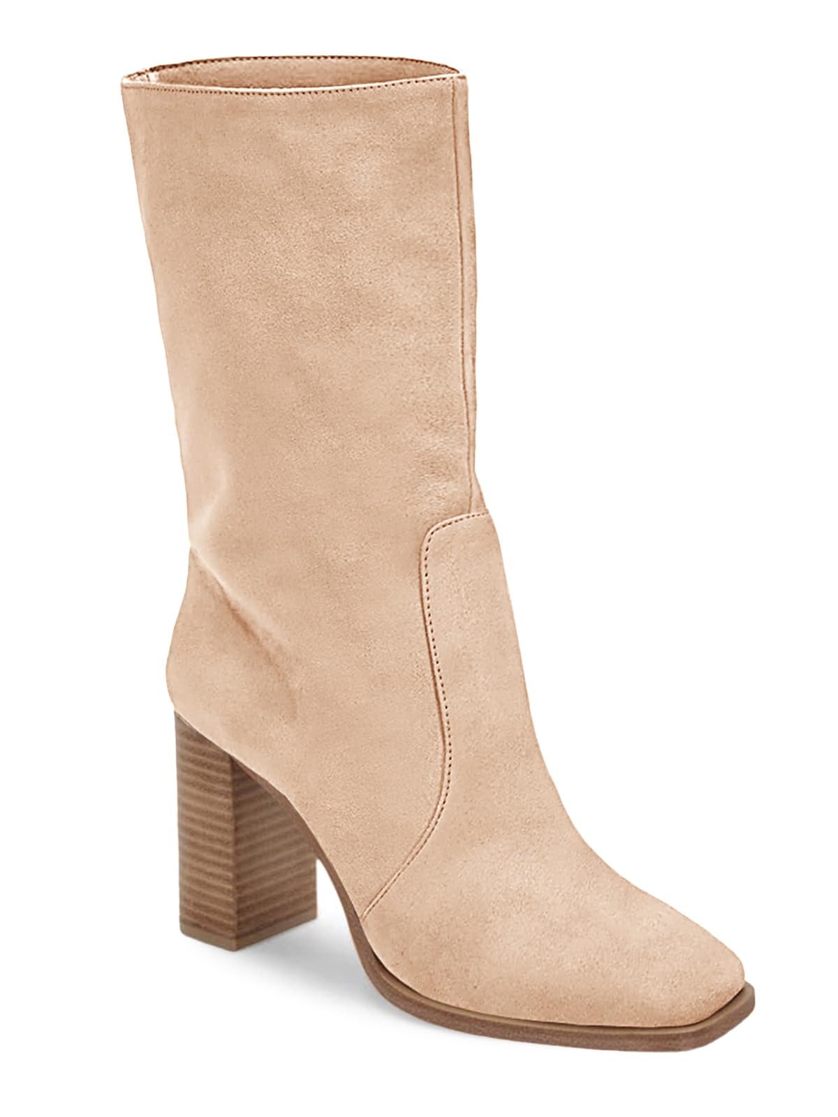 Juliet Holy Women’s Mid-calf Boots Chunky Stacked Heel Square Toe Side Zipper Slip-on Suede Winter Booties