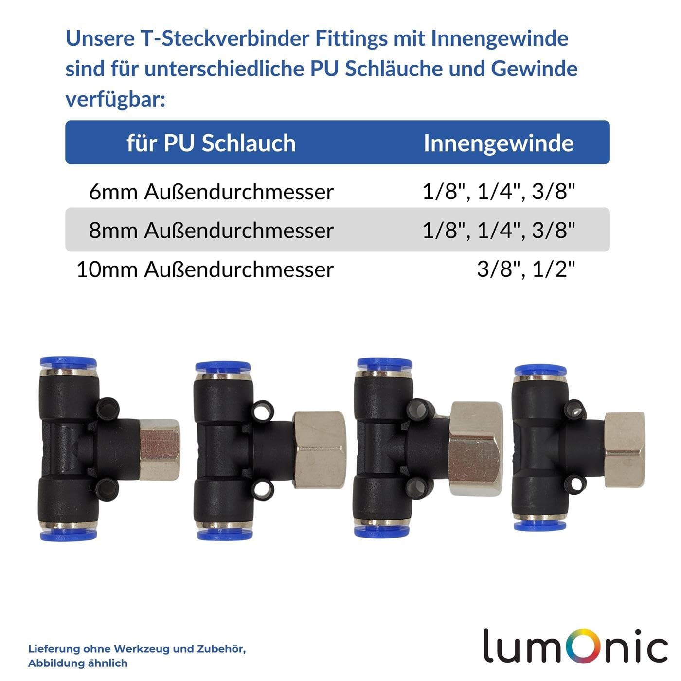 Lumonic 20x I Manguera de PU Racor en T con rosca hembra I 8mm*1/4inch I Pieza en T I Push-in I Conector neumático I Distribuidor en T I Aire comprimido