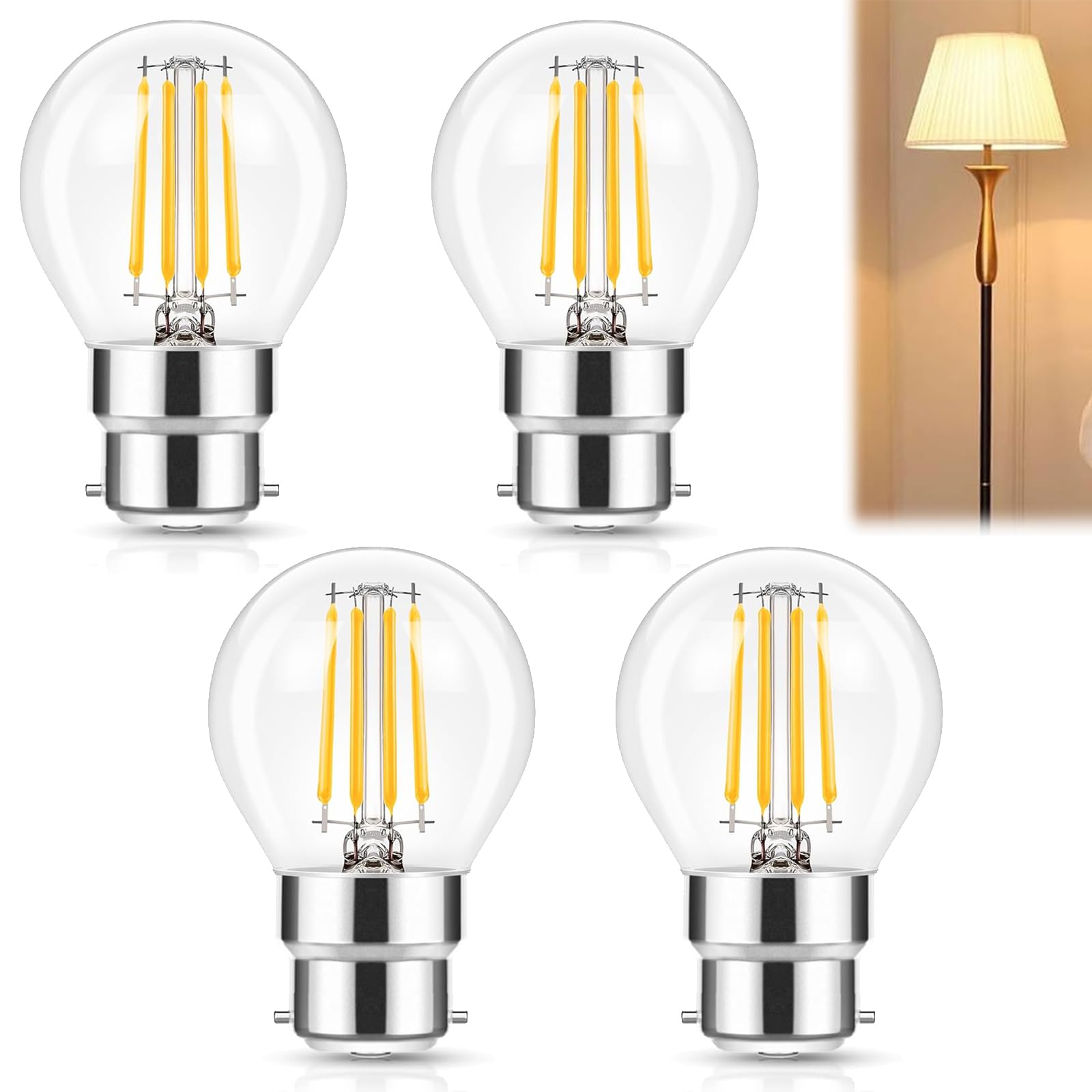 4 Pack 4W B22 LED Golf Ball Bulb Warm White 2700K, 40W Equivalent G45 Filament Bayonet Light Bulb, Clear Glass, Non-Dimmable, CRI80+, 360° Beam Angle, 15000H, BC Cap Bulb for Lamp Chandelier