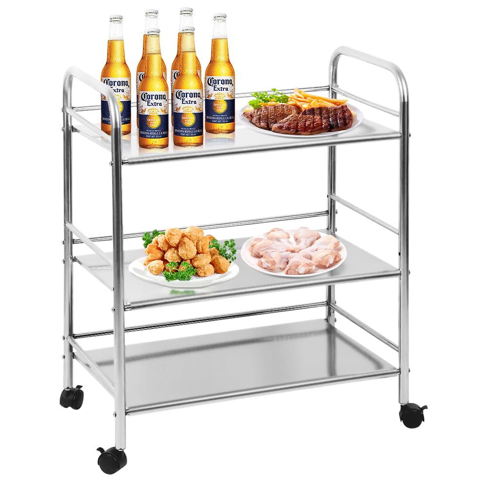 OHMG Carrello di servizio per cucina con ruote, 3 vassoi, in acciaio inox, per dessert, cucina, scaffali di stoccaggio, carrello di servizio ristorante (61 x 36 x 75 cm)