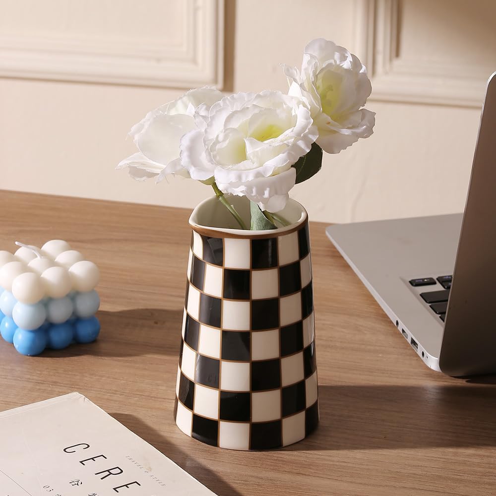 Porlien Checker Porcelain Flower Vase Home Decor Set of 2 with 5.5' High and 8' High Small Indoor Flower Bottles - Image 6