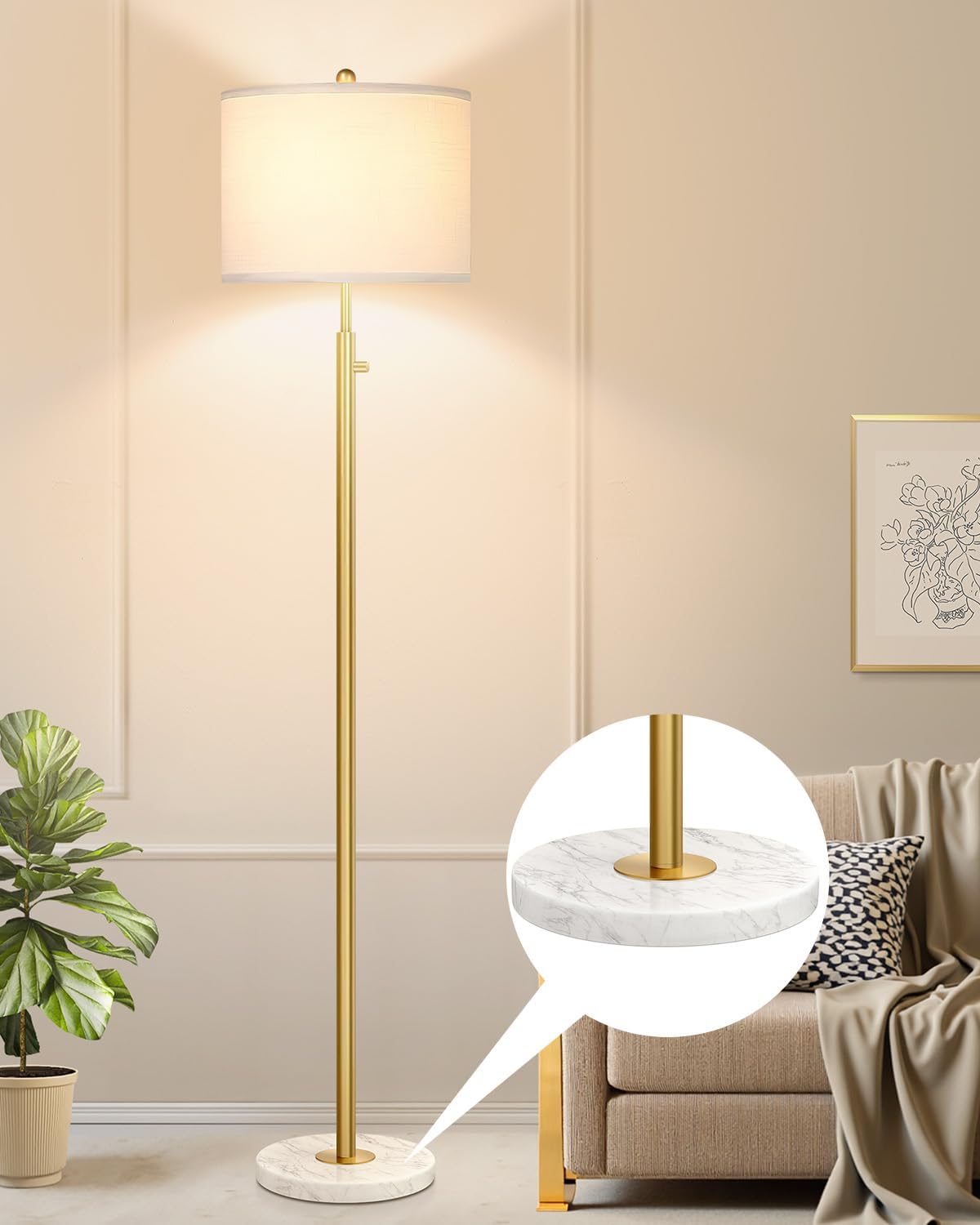 ?Upgraded?Dimmable Gold Floor Lamps for Living Room, 11W LED Bulb Included, Modern Standing Lamp with Marble Base, Tall Pole Light with White Linen Shade for Bedroom Reading Office Corner Nursery Gold-Marble