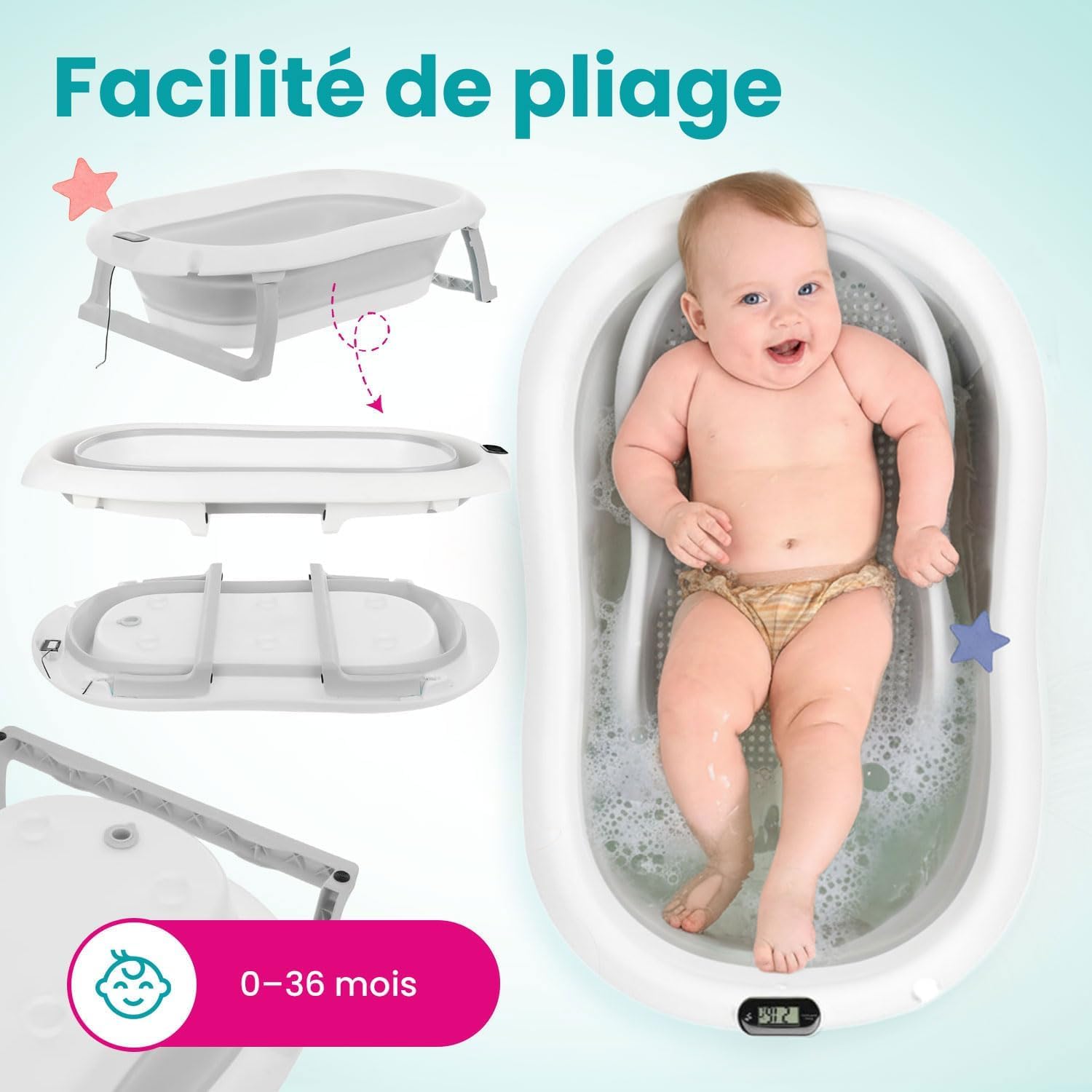 Primabobo Kit de Bain Bébé PREMIUM : Baignoire Pliable avec Thermomètre LCD Intelligent, Transat Ergonomique et Support Stable, Ensemble de Bain Luxe 80cm, Gris