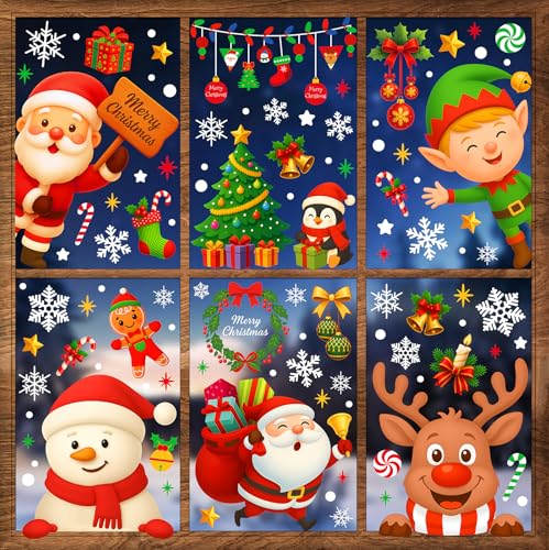 JMHACHY Christmas Window Clings - 9 Sheets 162 Pcs Cute Xmas Decorations for Winter Holiday Home Party Santa Reindeer Snowman Gingerbread Snowflake Stickers for Glass Double-Sided Static Window Decals