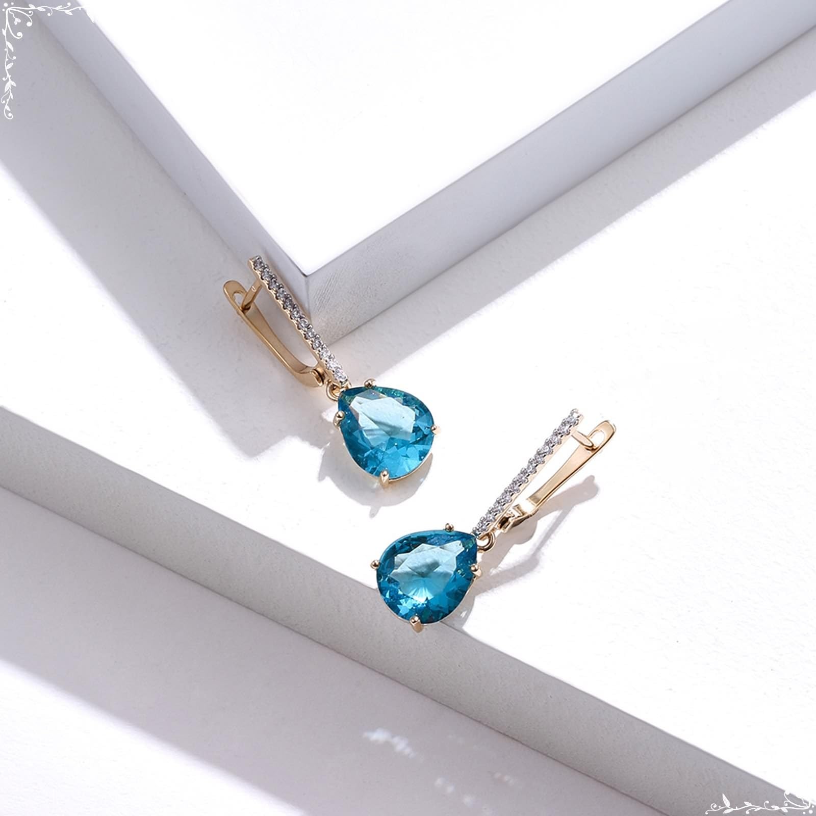 AMDXD Pendientes de aro para mujer de oro 375 de 9 quilates, pendientes de aro con topacio azul, corte de gota, creado en laboratorio, pequeños pendientes de oro amarillo de 9 quilates