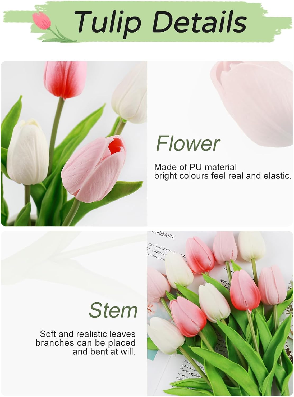 Beferr 18pcs Tulips Artificial Flowers Faux Tulip Real Touch Tulip Fake Flowers Bouquets Arrangements for Mothers Day Spring Easter Wedding Home Table Decor Coral Pink - Image 3
