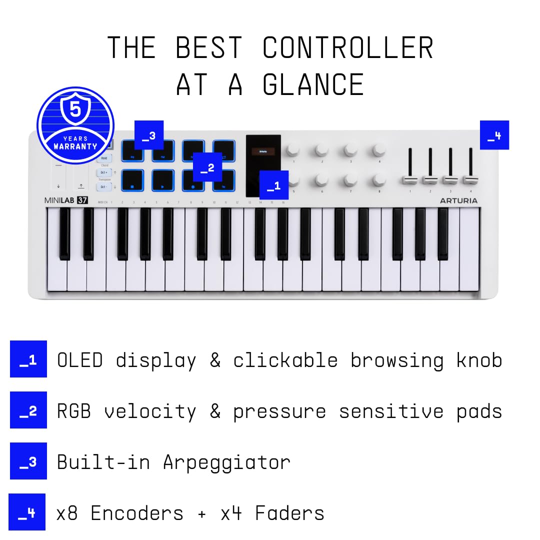 Arturia MiniLab 37 Clavier de contrôle USB MIDI 37 touches | 37 touches fines, pads, encodeurs, faders, intégration DAW, USB-C, suite logicielle, arpégiateur, mode Accord