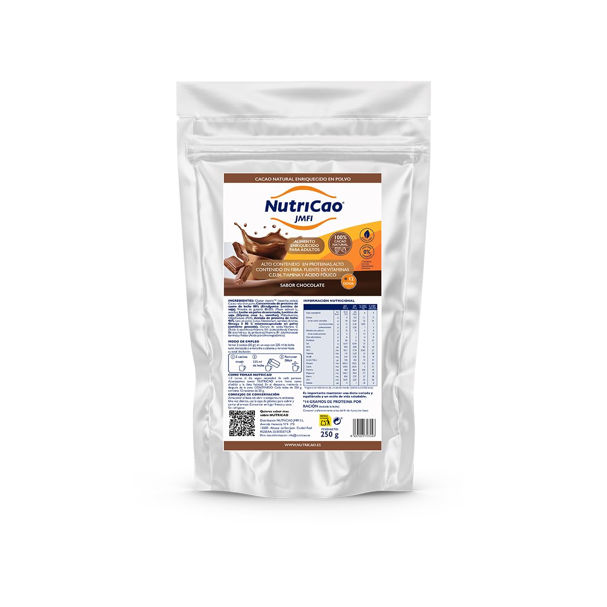 NutriCao JMFI | Cacao Natural Enriquecido en Polvo 250 g | Preparado para Adultos con Proteínas, Fibra y Vitaminas | Fácil de Preparar y con Sabor Chocolate para el Consumo Diario