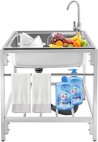 Miniatura 5 de Fregadero utilitario independiente de cocina de un solo tazón con grifo, fregadero de acero inoxidable con moldeado integrado para lavadero, baño,