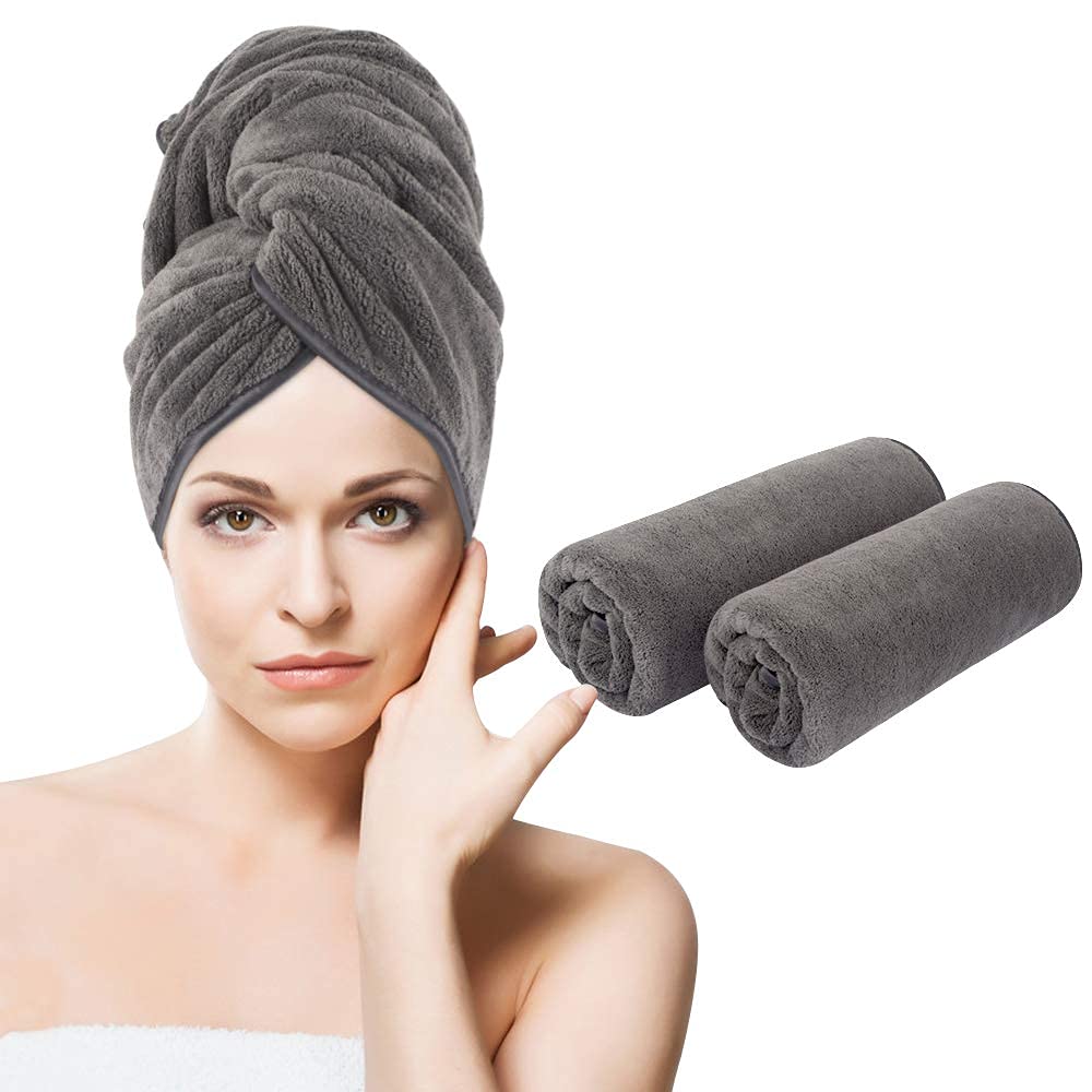 Surat Dream Set of 2 Hair Towel Wrap for Women, Quick Dry Towel for Hair with Button, Anti Frizz Super Absorbent Soft Hair Drying Turban Cotton (Grey, Free Size)