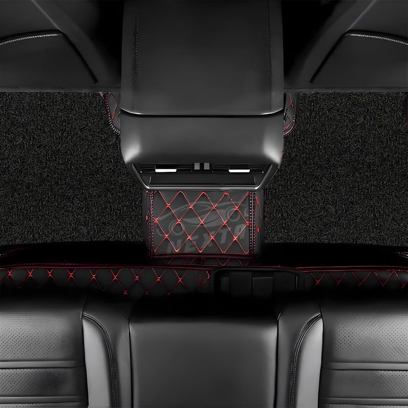 Image of NEXTA Premium Faux Leather 7D Car Floor Mats for Tata Hexa 7 Seater|| Luxury Leather with Grass Mat Complete Set || 100% Waterproof and Washable (Color Black & Red)