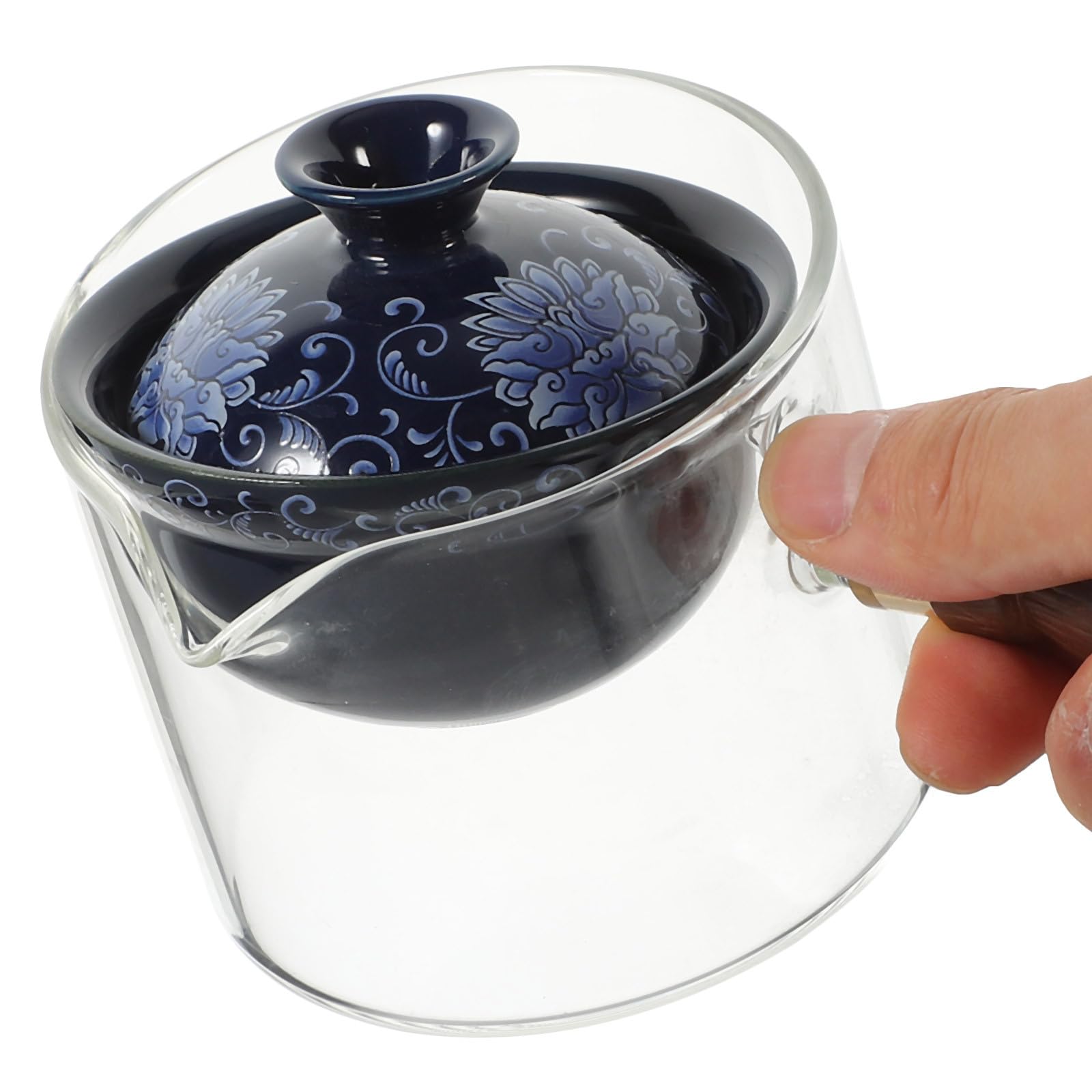 Veemoon Drehbare Teekanne im Chinesischen Stil mit 330ml Kapazität und Seitlichem Griff Keramik Glas Holz Material Sicher und Einzigartiges Design für Reise und Haushalt