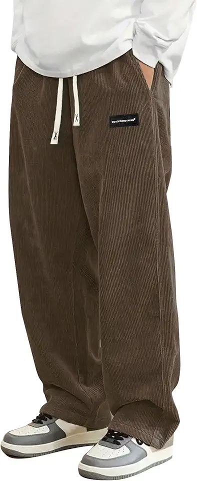 Hidkat Mens Corduroy Casual Pants Fashion Loose Fit Wide Leg Pants Straight Sweatpants Elastic Waist Drawstring