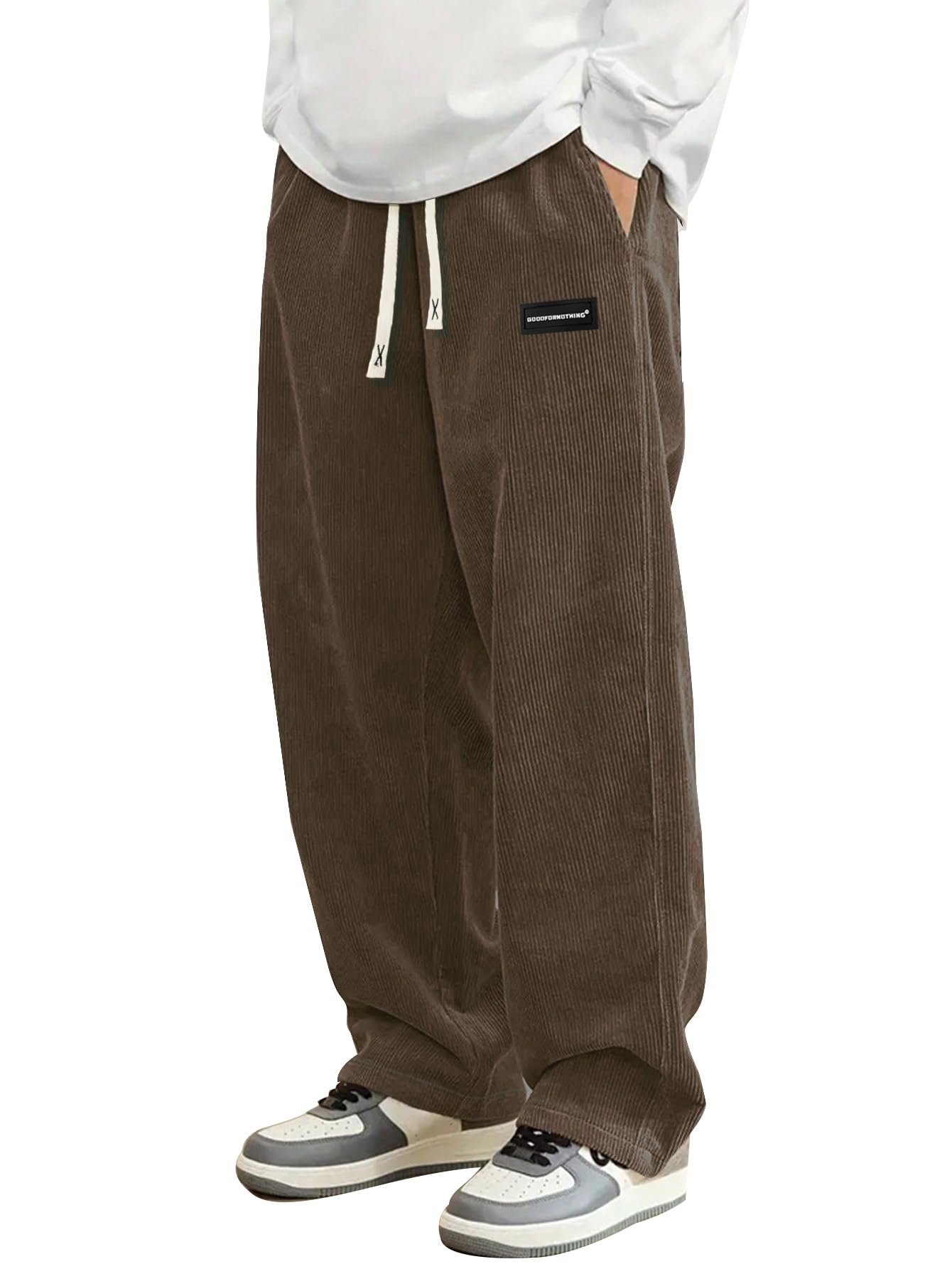 Hidkat Mens Corduroy Casual Pants Fashion Loose Fit Wide Leg Pants Straight Sweatpants Elastic Waist Drawstring