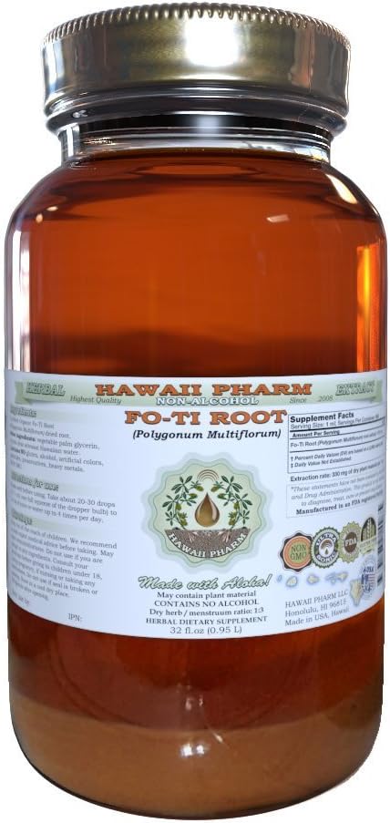 Fo-Ti Root Alcohol-Free Liquid Extract, Organic Fo-Ti Root (Polygonum multiflorum) Dried Root Glycerite Hawaii Pharm Natural Herbal Supplement 32 oz Unfiltered