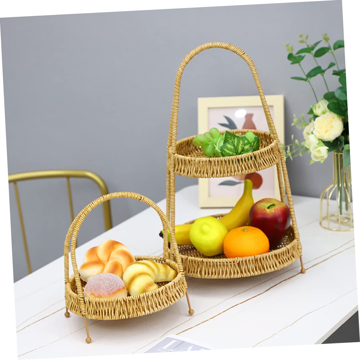 AUTSUPPL Weaving a Fruit Basket Bandejas Para Comida Willow Vegetable Basket Woven Serving Tray Wicker Bread Tray Candy Basket Bread Pan Fruits Serving Basket Iron Light Brown re-usable