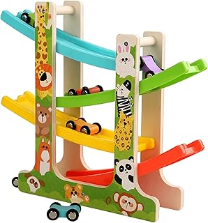 Wooden Race Track Car Ramp Toy Set for Toddlers with 6 Mini Cars, Motor Skills Development, Educational Learning Playset