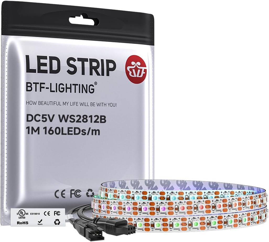 BTF-LIGHTING WS2812B IC RGB 5mm Ultra Narrow LED Strip 2020SMD DC5V Individually Addressable 3.2FT 160Pixels/m 160LED Dream Color Tape Light for Home DIY Decoration IP30 (No Adapter or Controller)