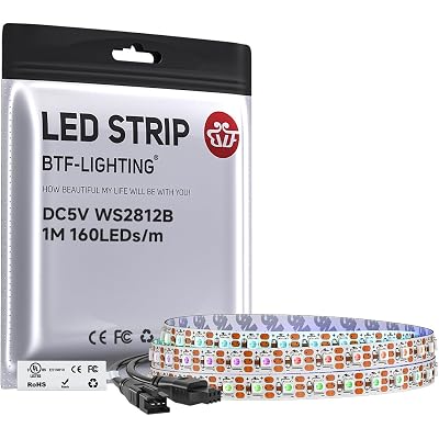 BTF-LIGHTING WS2812B IC RGB 5mm Ultra Narrow LED Strip 2020SMD DC5V Individually Addressable 3.2FT 160Pixels/m 160LED Dream Color Tape Light for Home DIY Decoration IP30 (No Adapter or Controller)