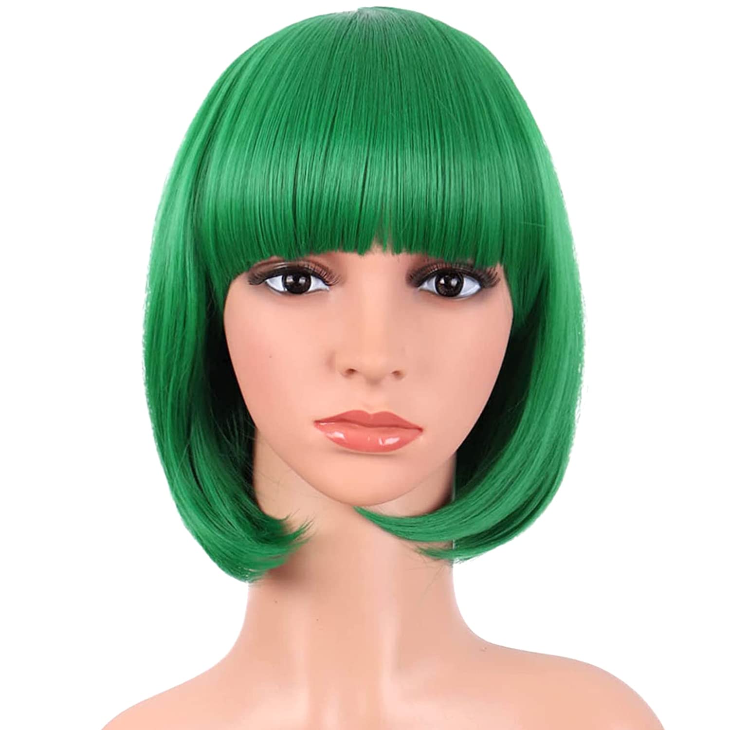 PORSMEER Short Green Bob Wigs for Women Girls Straight Synthetic Hair Wig with Fringe Cosplay Party Costume Replacement Heat Resistant Colorful Hair Wig