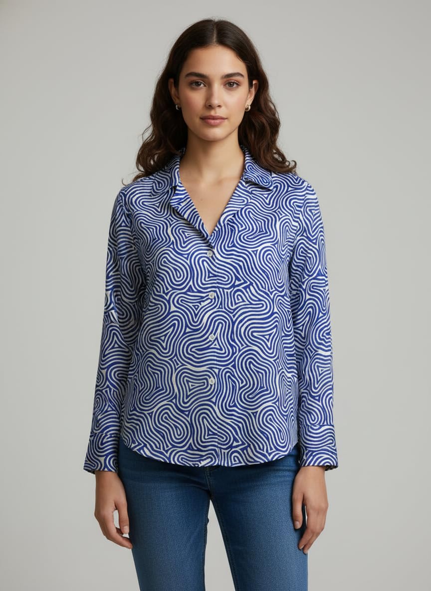 ANNI Designer Bedrucktes Damenhemd aus Baumwollmischgewebe, langärmelig, normale Passform, Hemdkragen, legere Bürokleidung, elegante Western-Kleidung für den Alltag, Hochzeit, Party