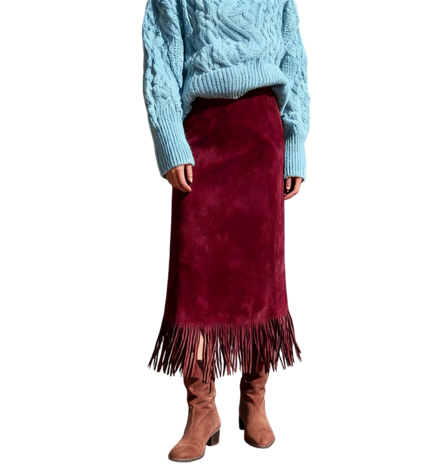 Womens Fringe Trim Faux Suede Skirt Western High Waisted Pencil Dressy Fall Winter Midi Long Vintage Tassel Bottom