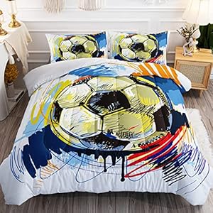 BSNTHO Soccer Comforter Set Boys Sports Bedding Set Twin Size for Kids Teens Hand Drawn Football Graffiti Style Comforter Design 3 Piece with 1 Comforter 2 Pillowcases